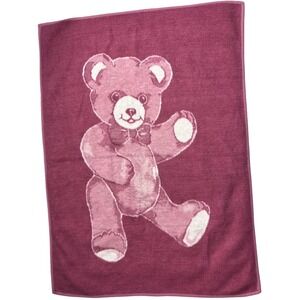 Vtg Biederlack ? Red Teddy Bear Throw Blanket Pink White Soft Reversible 52x72